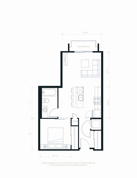Floor plan for 1 bed, 1 bath, 609 sqft